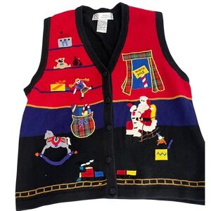 Vintage Christmas cotton blend sweater vest button‎ retro women XL embellished